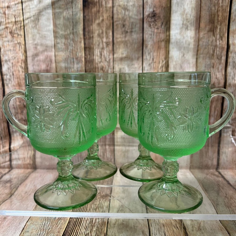 Vintage Indiana Glass Pedestal Glasses with Handles, Chantilly, Sandwich Glasses